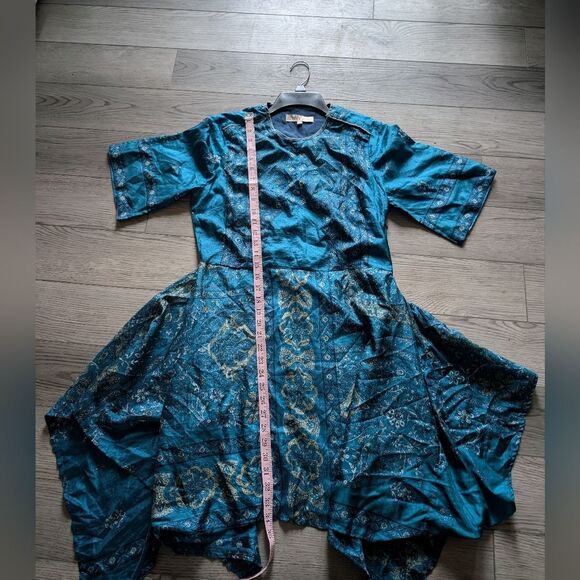 Ritu Kumar 100% Silk Paisley Floral Indian Blue Dress Size Large - Picture 8 of 10